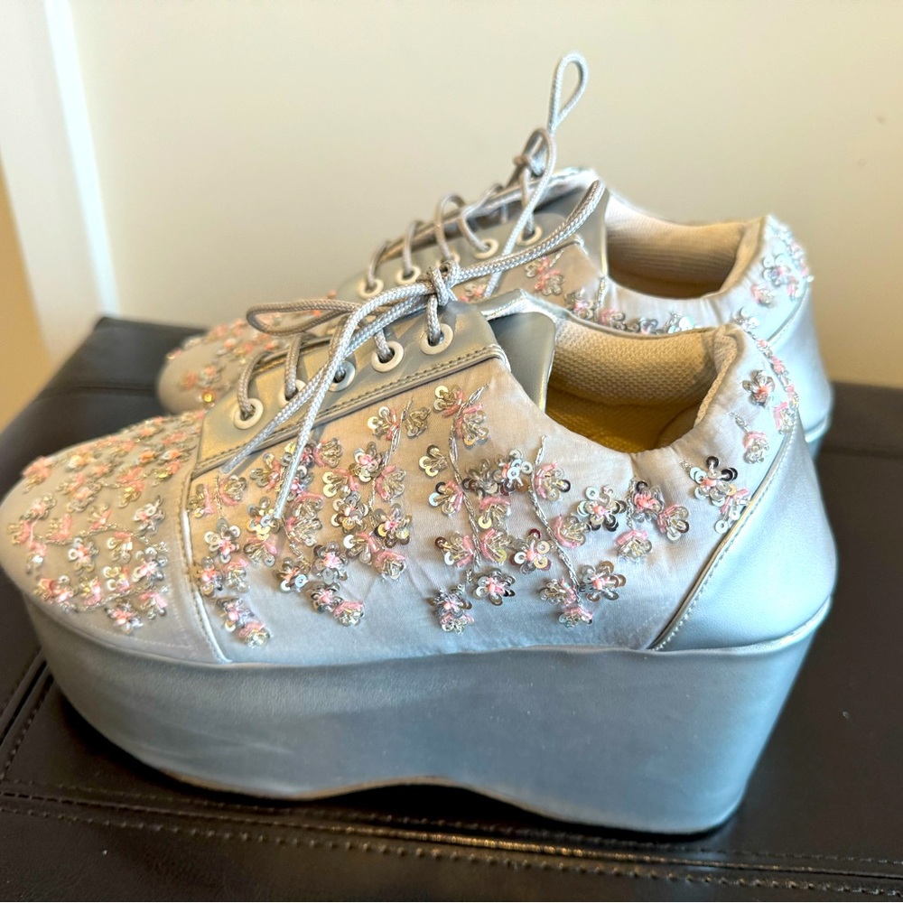 Embellished Silver Platform Lace-Up Sneakers